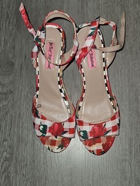 Betsey Johnson Red Floral Gingham Ankle-Strap Sandals